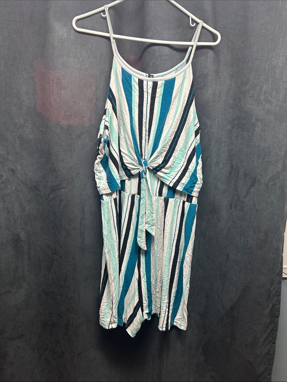 George Teal, White & Navy Striped Sleeveless Jumpsuit